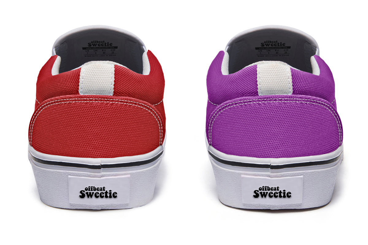 Purple And Red Mismatch Slip Ons