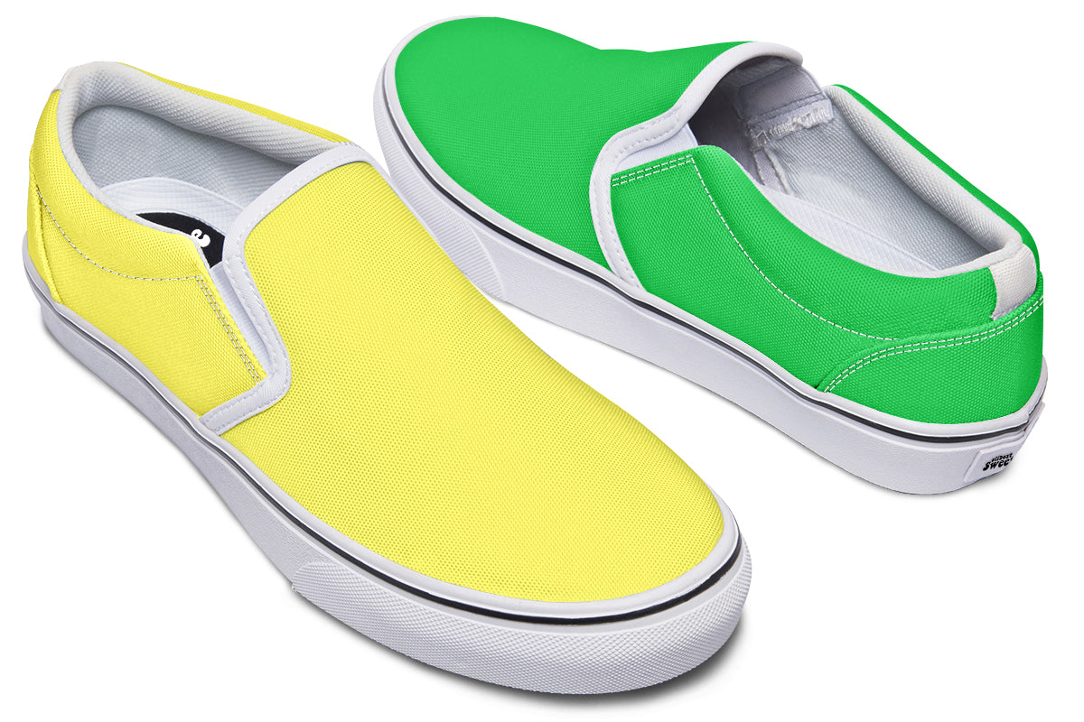 Yellow And Green Mismatch Slip Ons