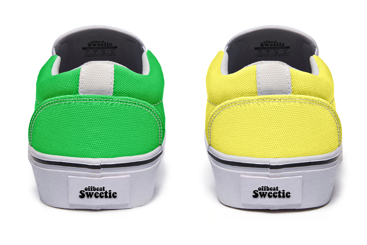 Yellow And Green Mismatch Slip Ons